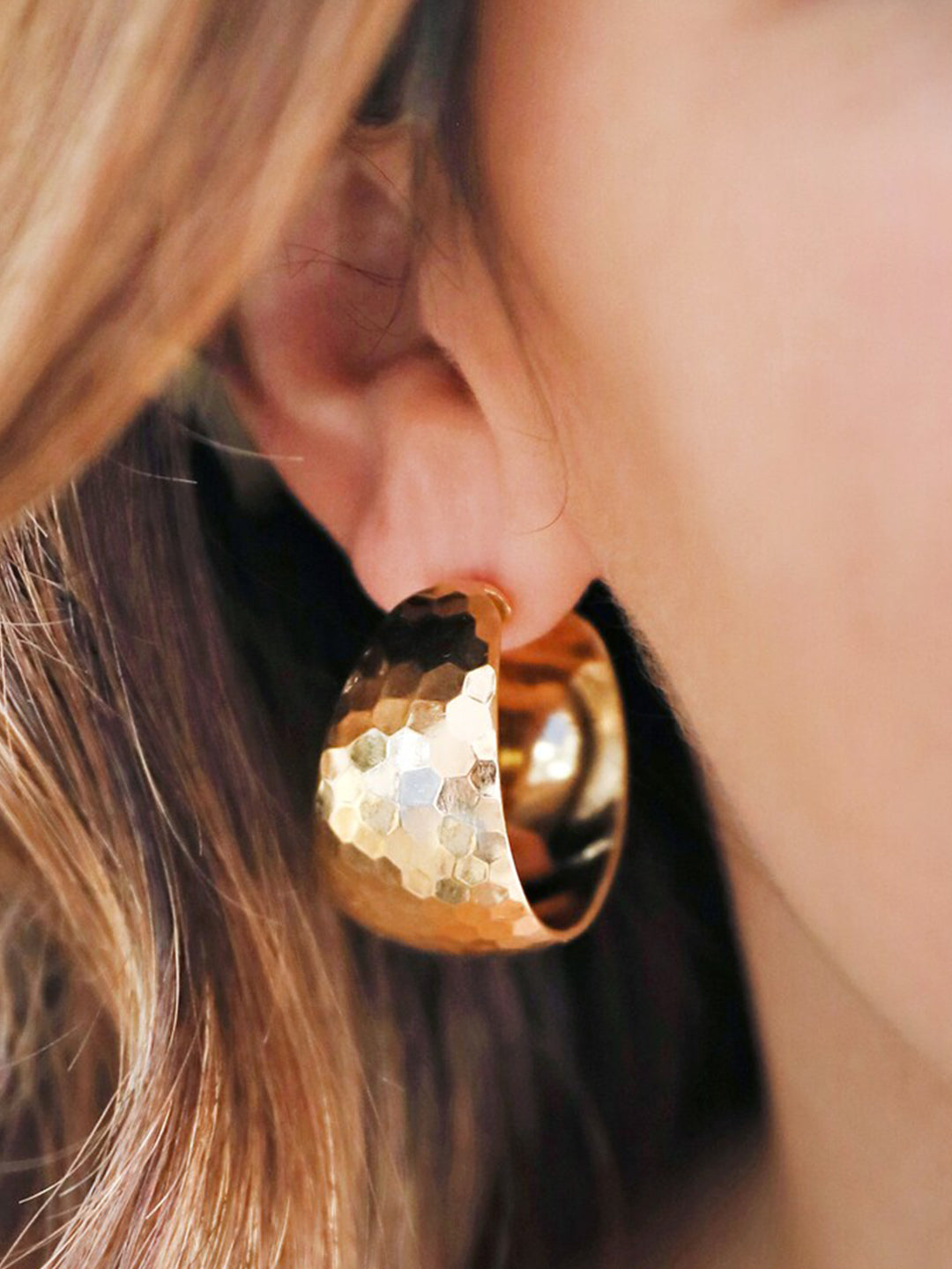 Hammered Crescent Hoop Earring - Gold Plated