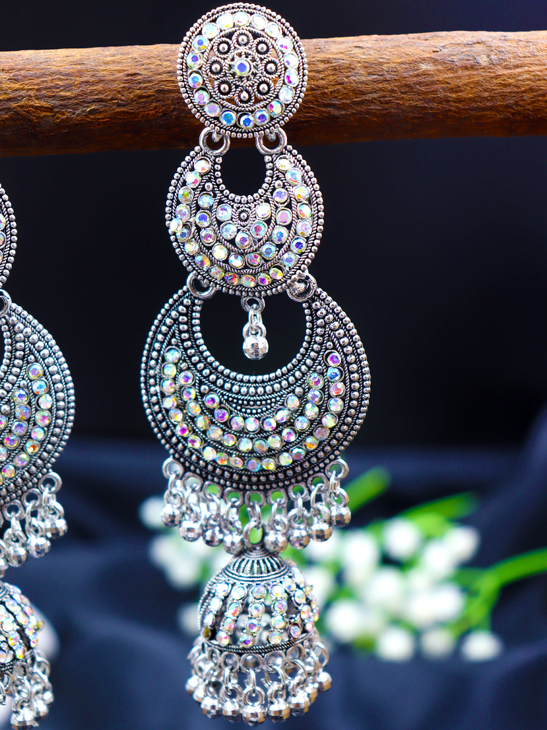 Silver Oxidized Chandbali Drop Earrings