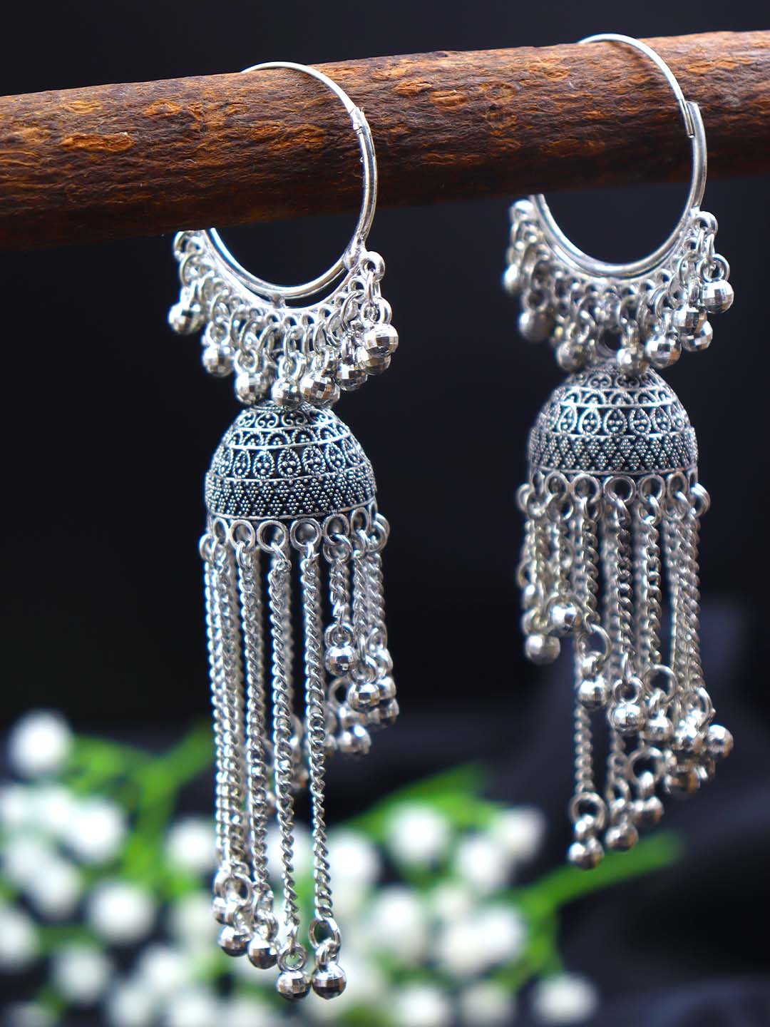 Oxidised Silver Long Jhumka Earrings