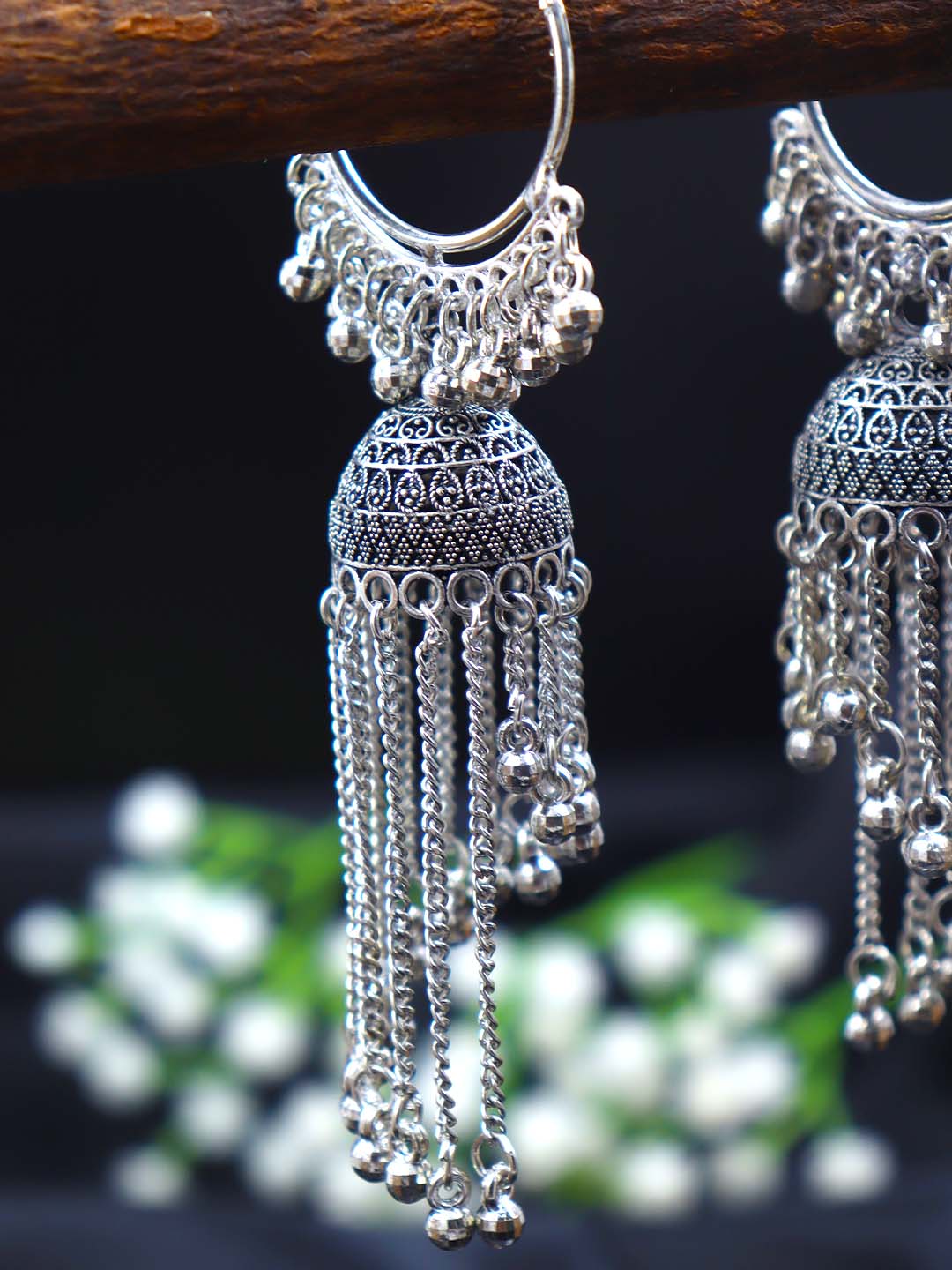 Oxidised Silver Long Jhumka Earrings