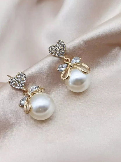 Heart Bow and Pearl Drop Earrings