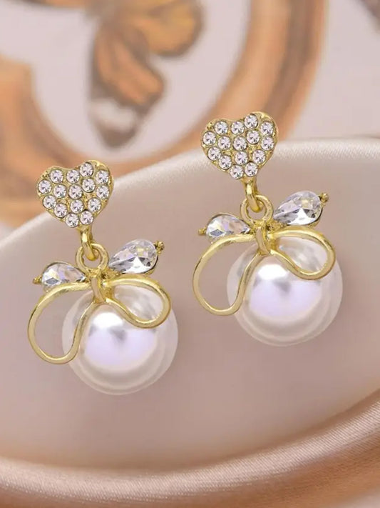 Heart Bow and Pearl Drop Earrings