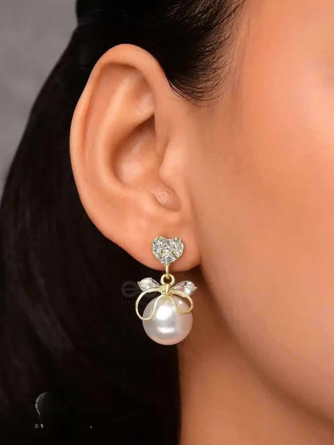 Heart Bow and Pearl Drop Earrings