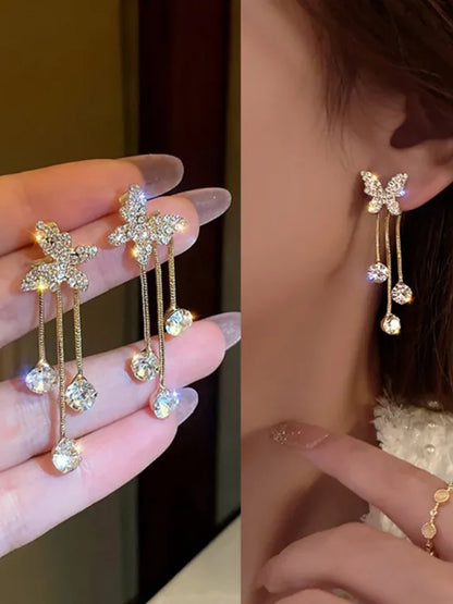 Stone-Studded Butterfly Drop Earrings