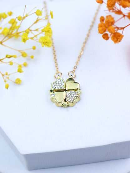 Two-in-One Heart Magnetic Clover Necklace in Gold